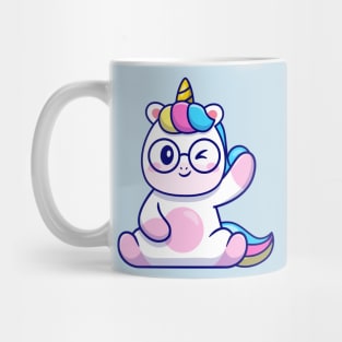 Cute Unicorn Waving Hand And Wearing Glasses Cartoon Mug